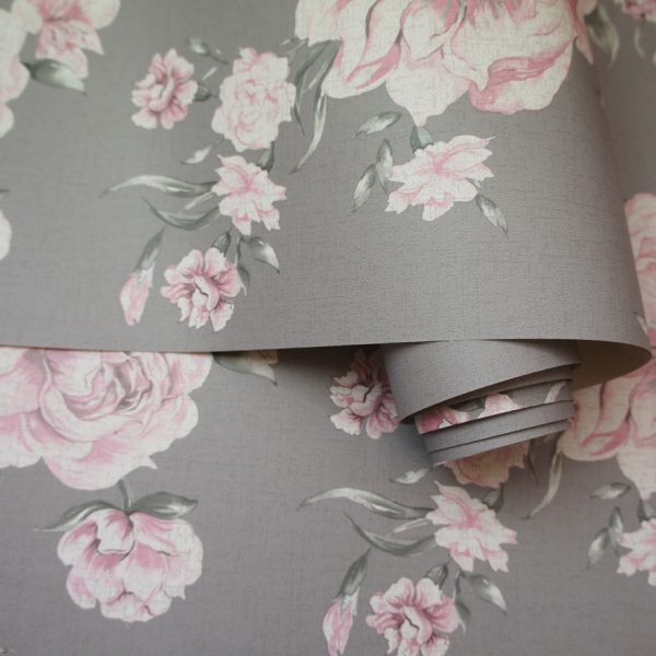 Holden Decor Peony Pink Dark Grey Floral Wallpaper Roses Leaf Flowers Painterly
